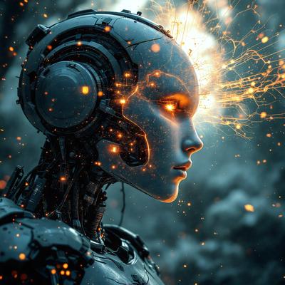 The primary subject of the image is a futuristic robot with a glowing head, which appears to be a digital art or illustration. The robot is set against a dark background, which adds to the overall mood of the image. The colors and visual style create a sense of mystery and intrigue, as the robot's glowing head stands out against the dark backdrop.